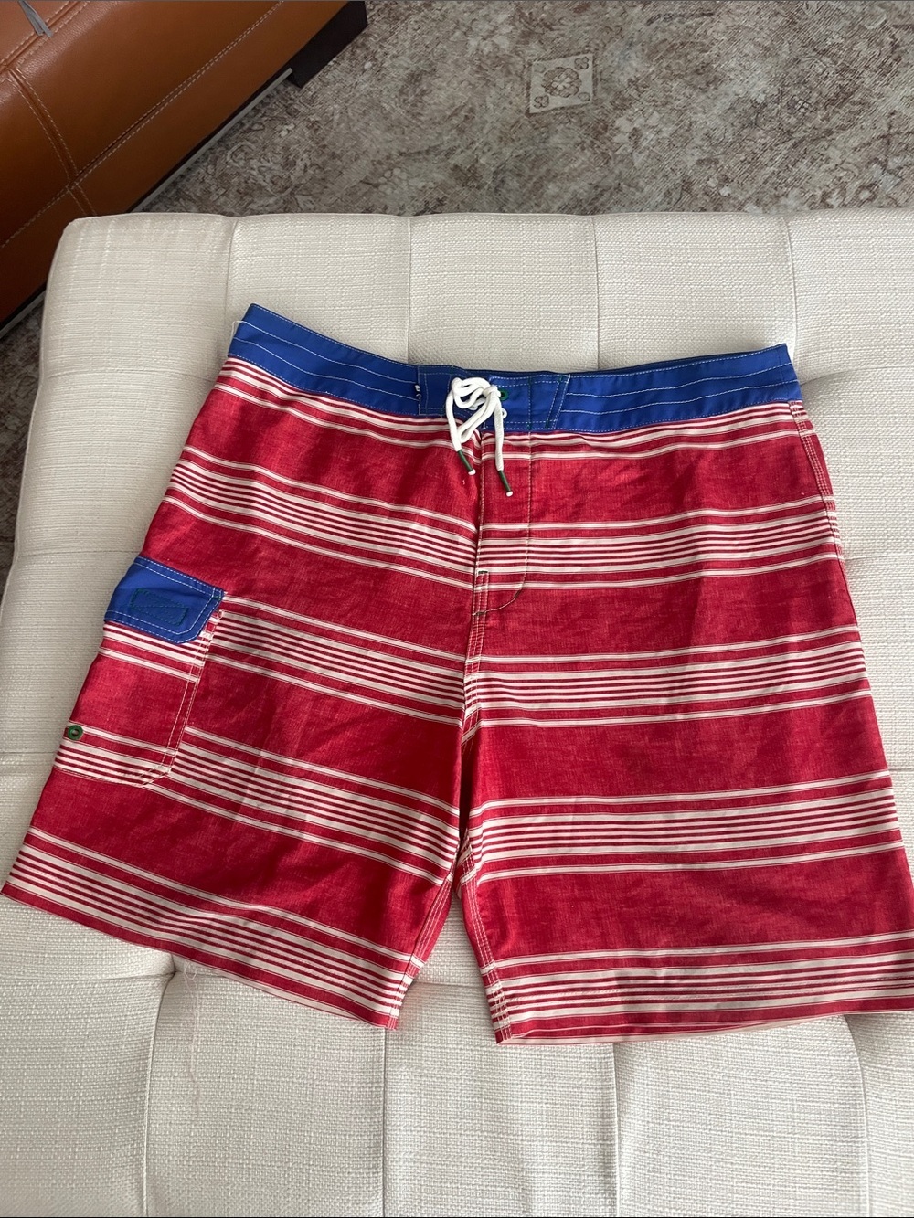 Sperry Red Striped Swim Board Shorts with Blue Waistband